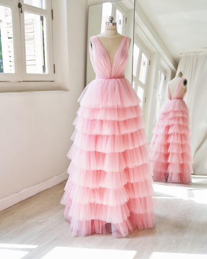 A Line Pink Layered Tulle Long Prom Dresses Y3069