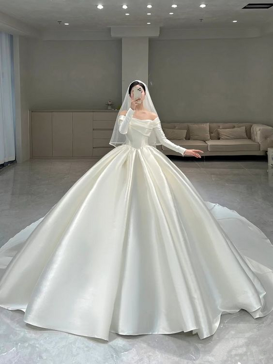 Modest White Satin Puffy Wedding Dress,White Bridal Gown Y6737