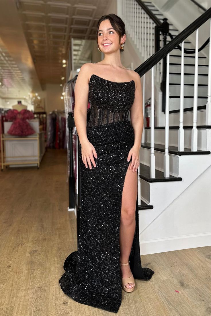 Black Strapless Mermaid Sequins Long Prom Dress with Slit Y4126