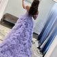 Lavender A-line Off-the-Shoulder Ruffle Layers Long Prom Dress Y2715