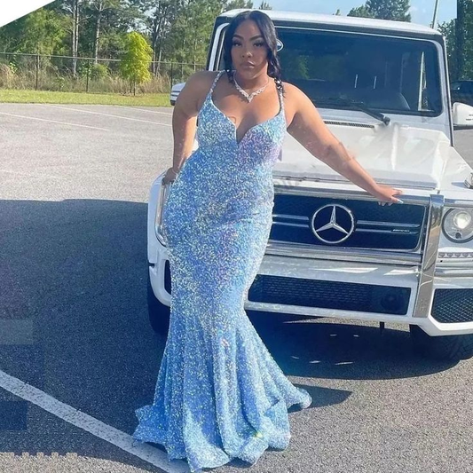 Sexy Plus Size Long Sky Blue Prom Dress For Black Girls Y7033