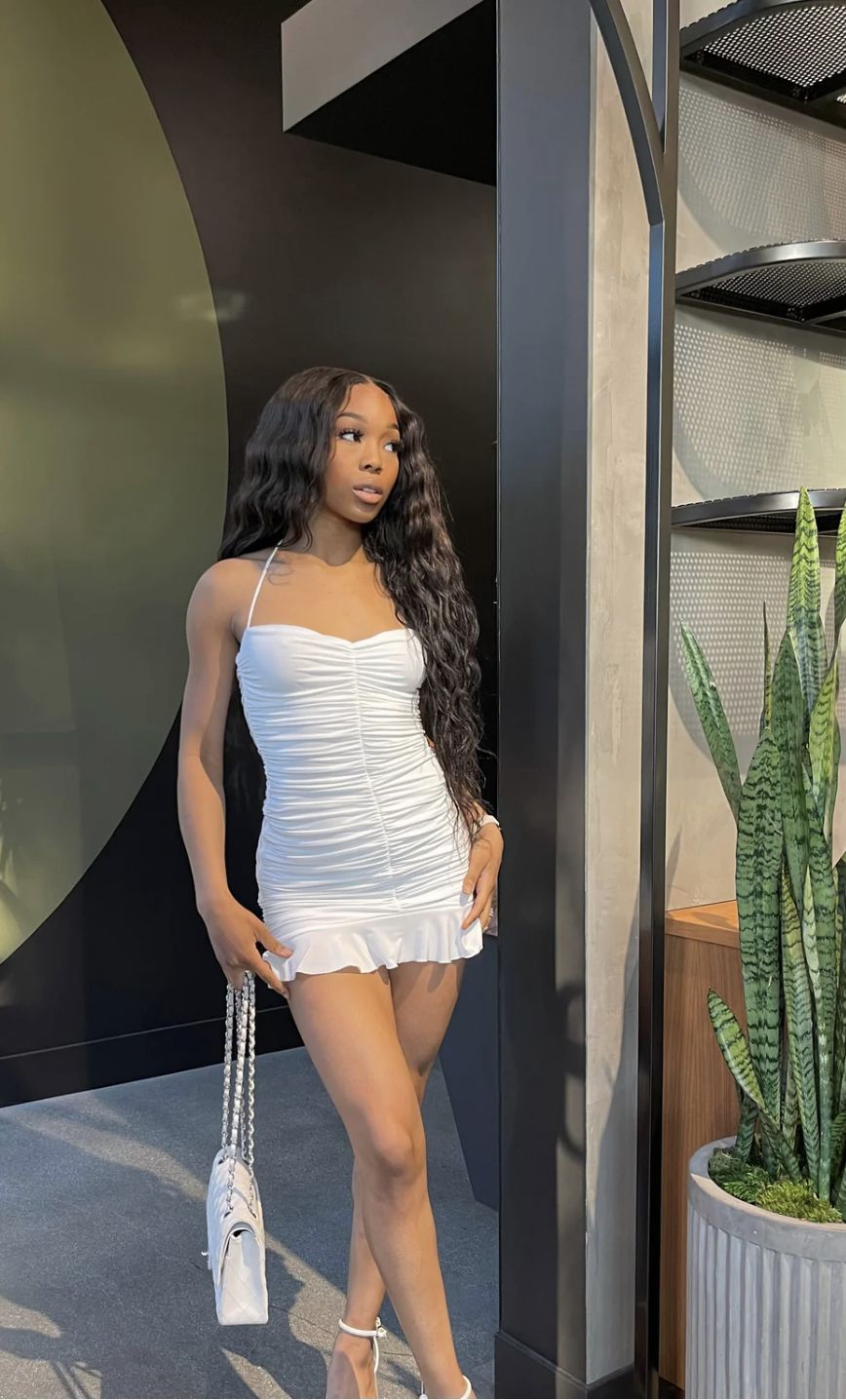 White Bodycon Dress With Ruched,White Mini Homecoming Dress,Y2443