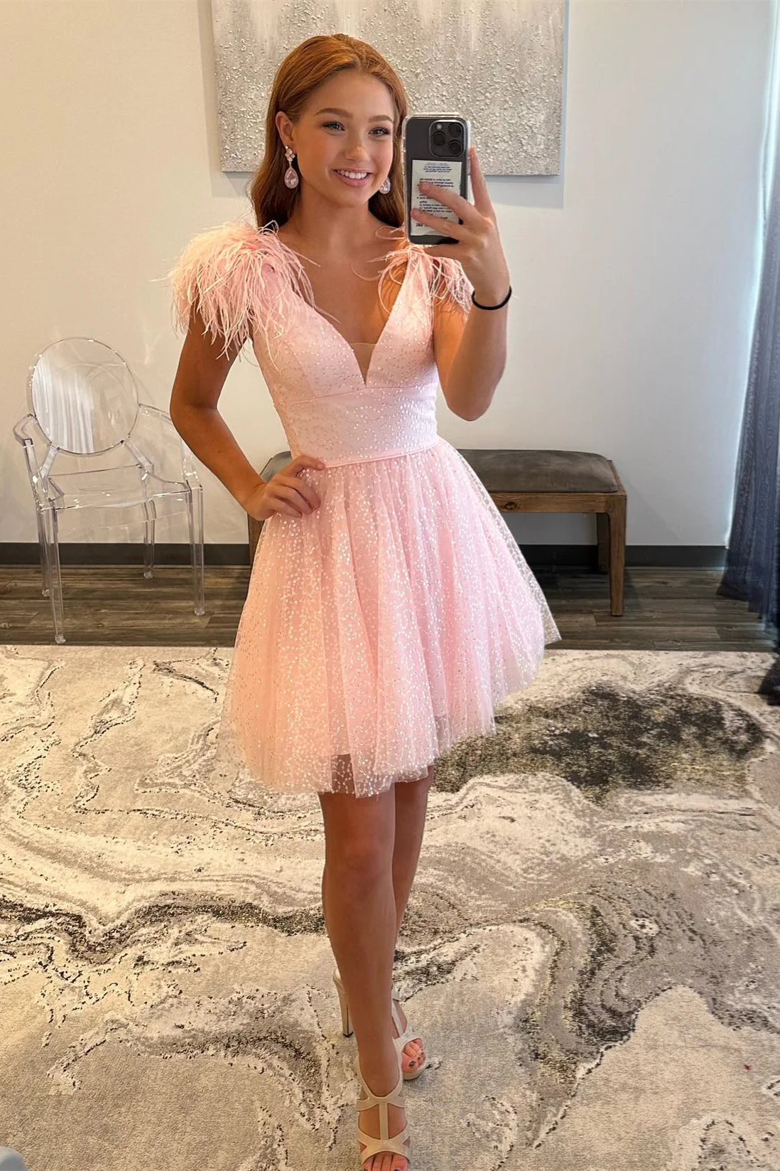 Pink A-line Tulle Deep V Neck Homecoming Dress with Feathers,Y2427