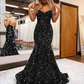 Mermaid Sweetheart Sleeveless Long Sweep Train Sequined Black Prom Dress Y6513