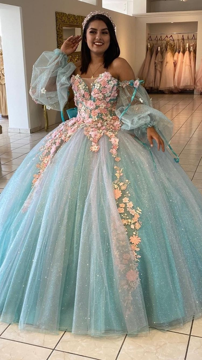Ice Blue Quinceanera Dress with 3D Flowers Chic Ball Gown  Y2990