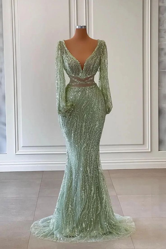 Light Green Long Sleeves V-Neck Mermaid Evening Dress With Sequins Beads Y6659