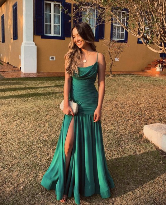 Green Spaghetti Straps Long Prom Dress Party Dress with Slit Y7155
