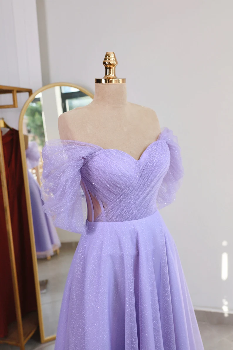 Lilac Glittered Tulle Midi-length Prom Dress, Engagement Dress, Promise Dress,Corset Dress Y4777