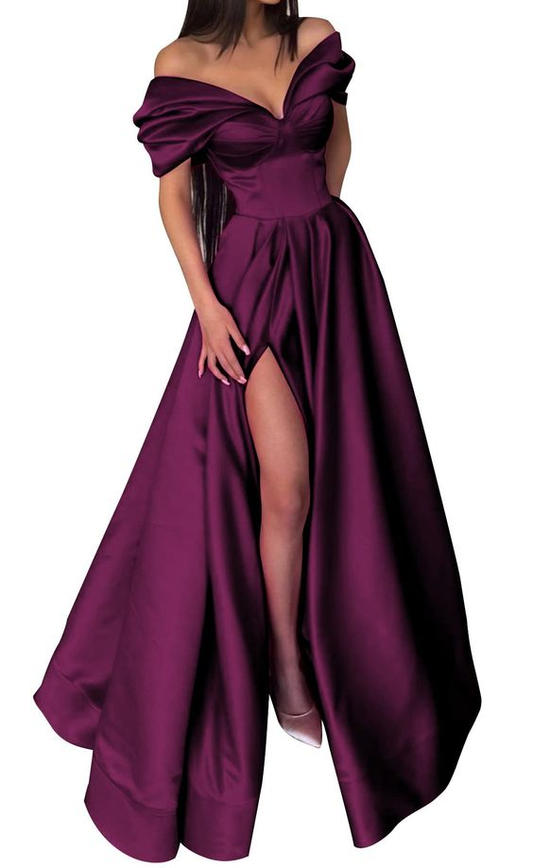 Satin Prom Dresses for Women Long Off The Shoulder Slit Formal Dress Y6623