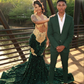 Sparkly Dark Green Mermaid Prom Dresses 2023 For Black Girls Golden Lace Appliques Beaded Tassels Velvet Sequins Party Gown Y4224