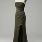 Green Strapless Satin Prom Dress With Slit  Y4204