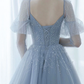 V Neck Tulle Sequin Blue Long Prom Dress, Blue Formal Graduation Dress Y4453