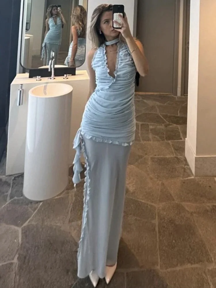Deep V Neck Long Evening Dress,Sexy Blue Chiffon Ruffles Party Dress Prom Dress Y8702