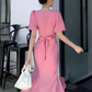 Classy Pink Puff Sleeves Mid-length Prom Dress,Pink Evening Dress  Y7113