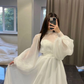 Simple White Puff Sleeves Wedding Dress,White Bridal Gown Y6738