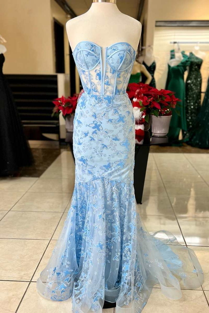 Light Blue Lace Sweetheart Trumpet Long Prom Dress Y4025