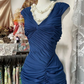Vintage Navy Blue Chiffon Ruched Evening Gown ,Mermaid Party Prom Dress Y8076