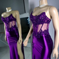 Purple Strapless Satin Lace Appliques Prom Party Dress,Mermaid Sexy Split Evening Dress Y8121