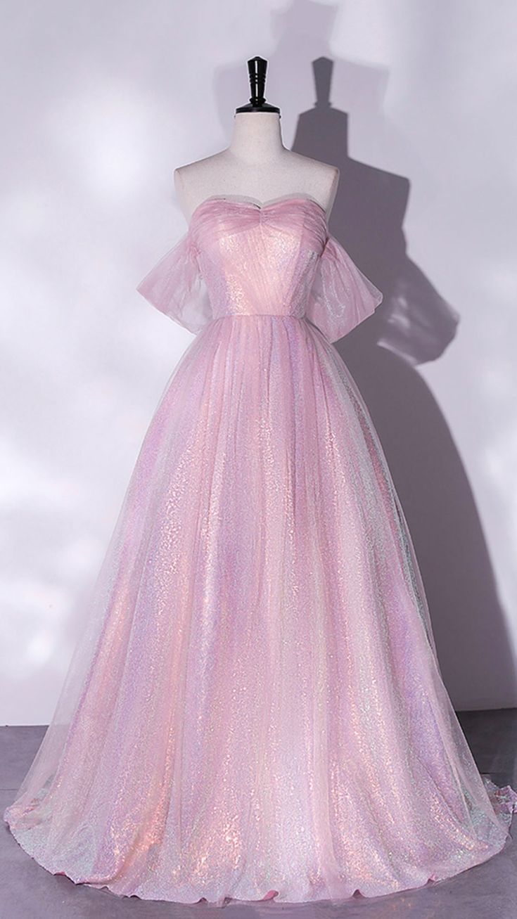 A-Line Sweetheart Neck Tulle Sequin Pink Long Prom Dress, Pink Tulle Formal Dress Y4483