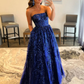 Blue A line tulle sequin long prom dress, blue tulle evening dress Y3065
