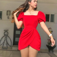 Red Square Neckline Homecoming Dress with Puff Sleeves ,Y2546