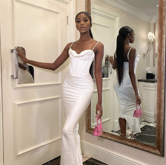 Elegant White Spaghetti Straps Sheath Prom Dress For Black Girls Y5076