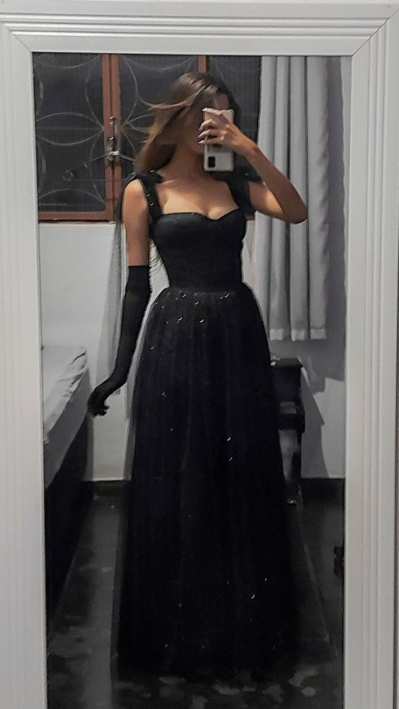 Elegant Black A-line Long Evening Dress Formal Gown  Y2869