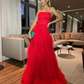 Red Strapless Tulle Prom Dress,Red Long Evening Dress Y2354