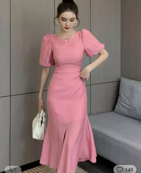 Classy Pink Puff Sleeves Mid-length Prom Dress,Pink Evening Dress  Y7113