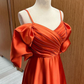 Rust Orange Off-the-Shoulder Straps Pleated Satin Long Prom Dress Y6332