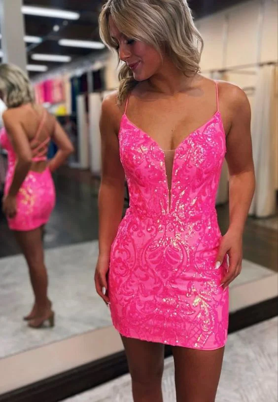 Short pink sequins prom dress Short Homecoming Dresses Y2901