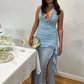 Deep V Neck Long Evening Dress,Sexy Blue Chiffon Ruffles Party Dress Prom Dress Y8702