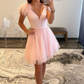 Pink A-line Tulle Deep V Neck Beaded Homecoming Dress with Feathers Y2863