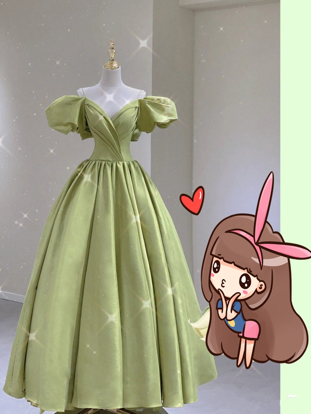 Green Satin Long Prom Dress With Puff Sleeves,Green Evening Dress ,Y2458