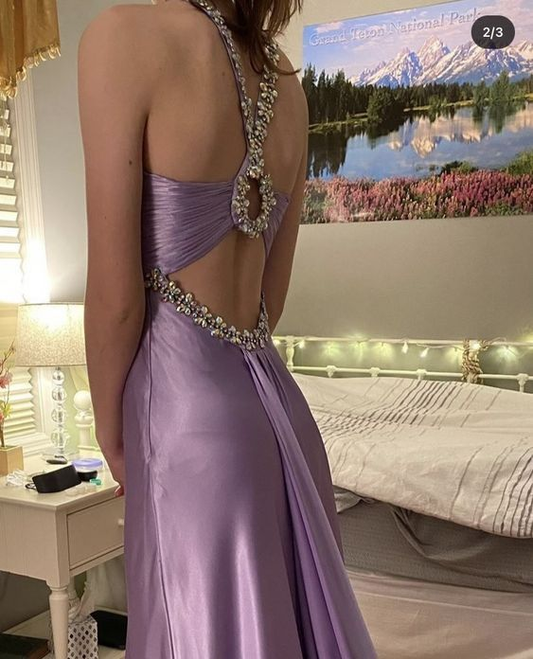 Light purple satin beaded long prom evening dresses Y6335