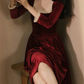 Square Neck Velvet Dress,French Vintage Red Dress,Autumn Winter Long Sleeve Dress,Prom Dress,Fairy Dress Y4715