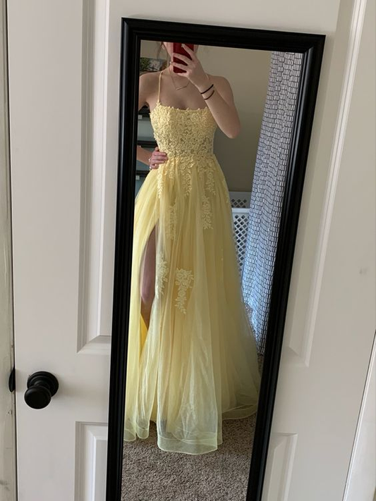 Yellow A-line Tulle Appliques Prom Dress,Yellow Dance Dress Y6459