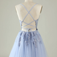 A Line Spaghetti Straps Light Purple Short Homecoming Dress with Appliques Y2671