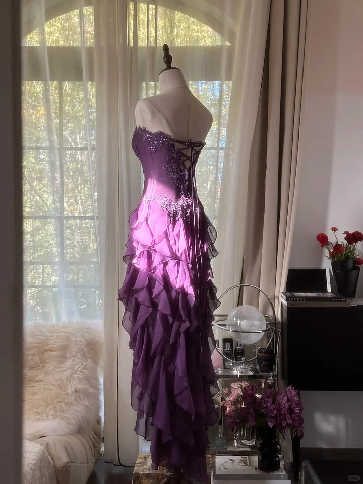 Pretty Purple Chiffon Evening Dresses,  Vintage Appliques Tiered Ruffles  Long Party Dress Y8697