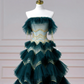 Vintage Dark Green Tulle Sequins Layered A Line Prom Dress,Strapless Evening Dress Y8606