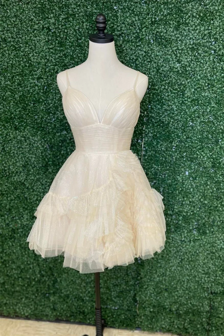 Ivory Straps A-line Short Ruffles Homecoming Dress Y2778