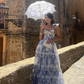 Blue Flower Pattern Prom Dress Spaghetti Strap Princess Formal Occasion Dresses A-line Party Dress Y2722