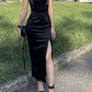 Elegant Black Sheath Spaghetti Straps Slit Prom Dress Y6263