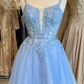 Straps Blue Appliques A-line Short Homecoming Dress Y2765
