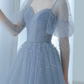 V Neck Tulle Sequin Blue Long Prom Dress, Blue Formal Graduation Dress Y4453