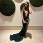 Green Velvet Prom Dress African Mermaid Evening Dress With Slit Y6480