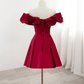 Burgundy A-Line Off Shoulder Satin Homecoming Dress ,Y2506