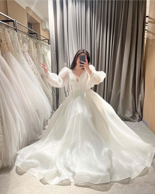 Chic White V Neck Long Sleeves Wedding Dress,White Bridal Dress Y6348