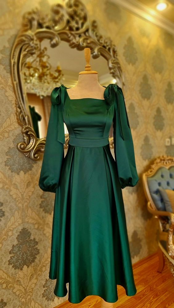 Green Square Collar Midi-length Prom Dress,Green Party Dress Y4594