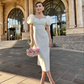 Retro Style White Midi-length Wedding Dress,Engagement Dress Y5257